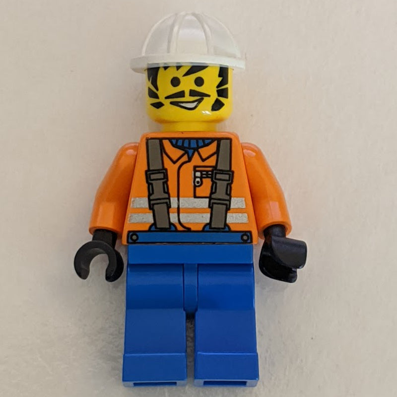 fig-001086 – Construction Worker, Orange Jacket with Suspenders, White Hard Hat, Moustache and Sideburns