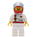 fig-001089 – Racer, White Jacket with Octan Logo and 'RACE' and 'TEAM', Red Helmet with Visor, Moustache