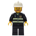 fig-001100 – Fireman, Black Fire Jacket with Reflective Stripes, Radio, and Badge, White Helmet, Angular Beard