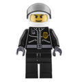 fig-001105 – Policeman, Black Jacket with Zipper, Radio, and Badge, White Helmet and Visor, Printed Hair-line