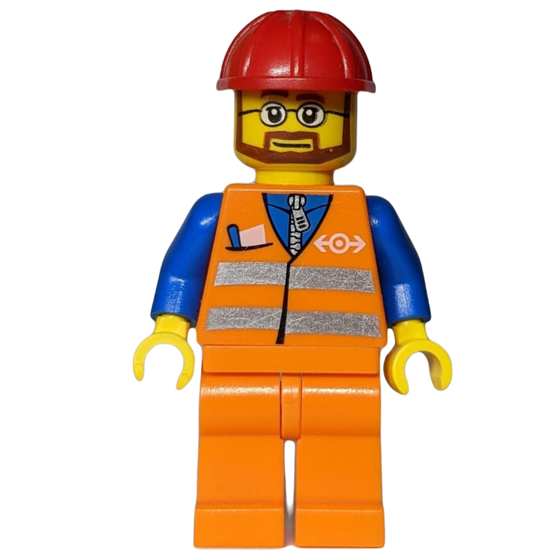 fig-001112 – Worker - Orange Safety Vest, orange  Legs, Red Helmet, beard, Glasses