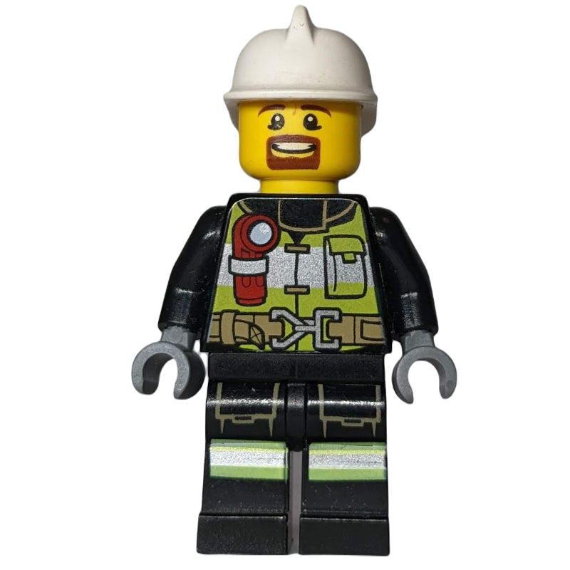 fig-001120 – Fireman, Safety Vest with Flashlight, Pocket, and Belt, White Helmet, Goatee Beard