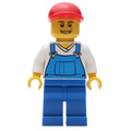 fig-001143 – Man, Blue Overalls over White V-Neck Shirt, Red Cap, Open Mouth