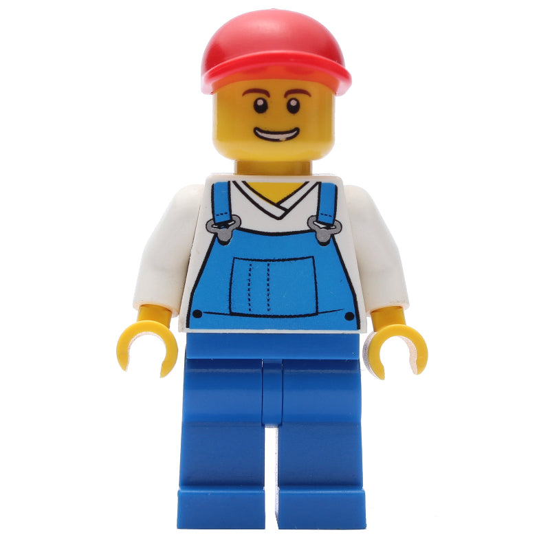 fig-001143 – Man, Blue Overalls over White V-Neck Shirt, Red Cap, Open Mouth