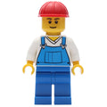 fig-001144 – Blue Overalls and White V-Necked Shirt, Red Hard Hat