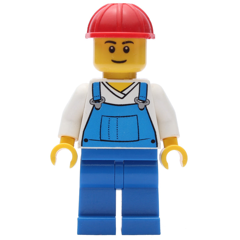 fig-001144 – Blue Overalls and White V-Necked Shirt, Red Hard Hat