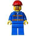 fig-001171 – Worker, Blue Jacket with Orange Stripes, Blue Legs, Red Hard Hat, Goatee Beard and Safety Glasses