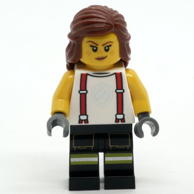 fig-001176 – Firefighter, White Shirt, Black Legs, Reddish Brown Hair