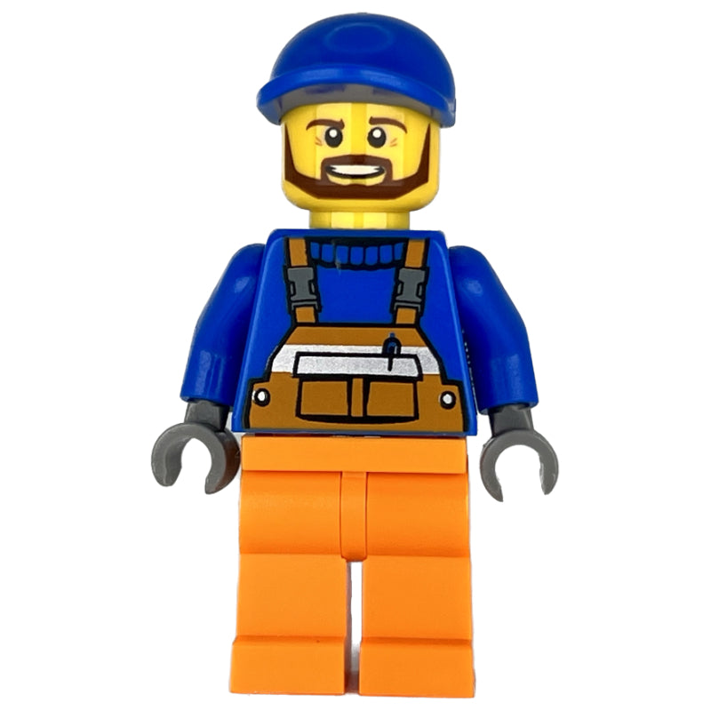 fig-001180 – Construction Worker, Orange Overalls over Blue Sweater, Blue Cap, Beard