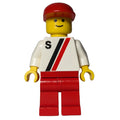fig-001183 – Man, White Shirt with Two Stripes and 'S', Red Legs, Red Cap