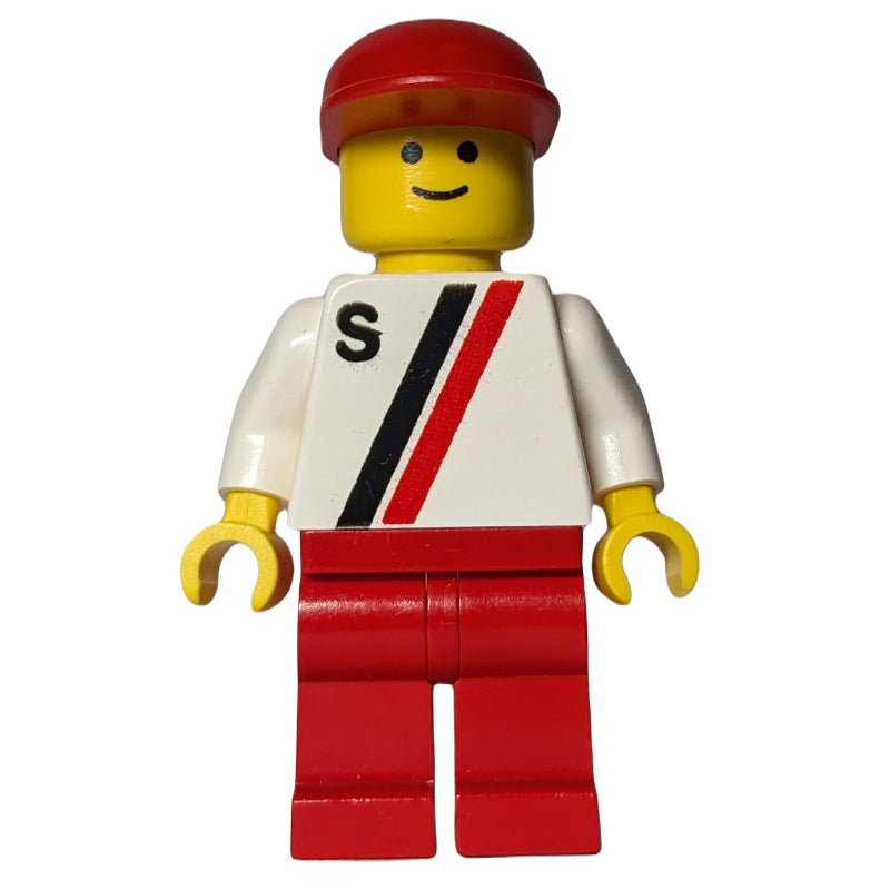fig-001183 – Man, White Shirt with Two Stripes and 'S', Red Legs, Red Cap