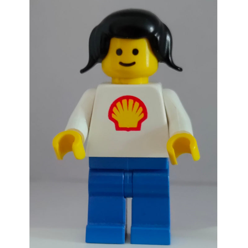 fig-001195 – Woman, White Torso with Shell Logo, Blue Legs, Black Pigtails Hair