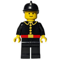 fig-001196 – Fireman, Classic, Black Fire Jacket with Red Belt and Buttons, Black Helmet