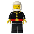 fig-001197 – Fireman, Classic, Black Fire Jacket with Red Belt and Buttons, White Helmet (3842b Helmet)
