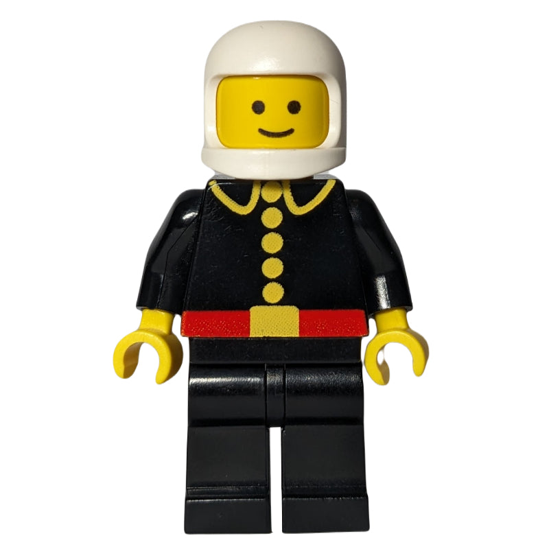 fig-001197 – Fireman, Classic, Black Fire Jacket with Red Belt and Buttons, White Helmet (3842b Helmet)