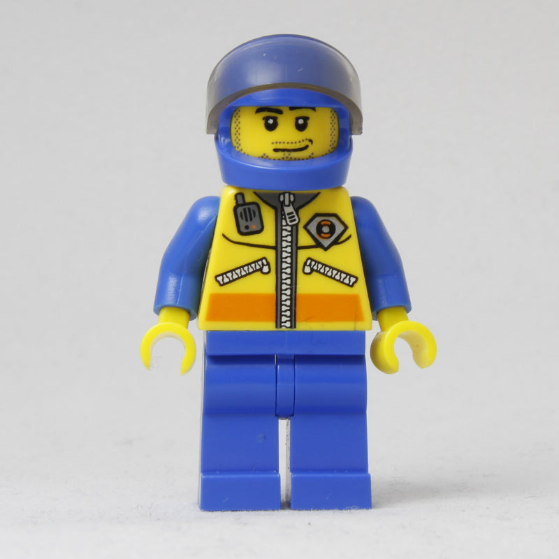 fig-001201 – Coast Guard, Yellow Jacket with Zipper, Radio and Badge, Blue Helmet with Visor, Stubble