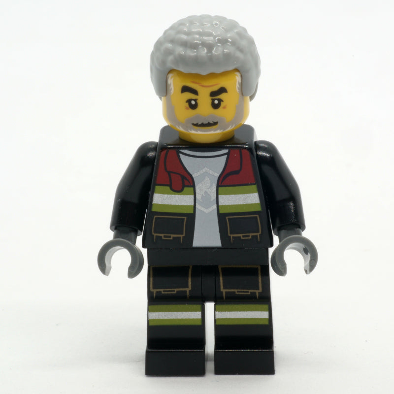 fig-001203 – Firefighter, Black Fire Suit with Open Jacket, Light Bluish Gray Hair, Beard