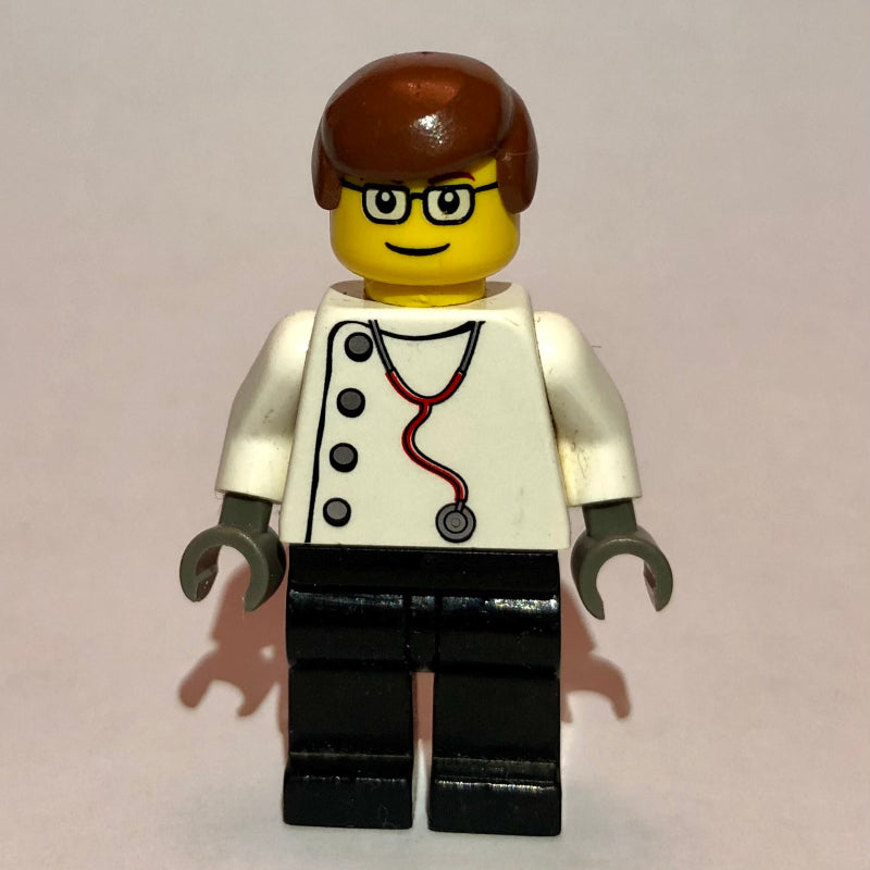 fig-001204 – Doctor, White Shirt with Stethoscope and Side Buttons, Reddish Brown Hair, Glasses