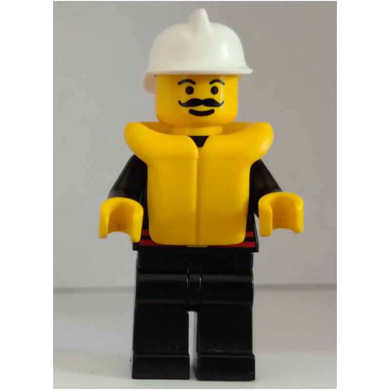 fig-001205 – Fireman, Black Fire Jacket with Red Belt and Badge, White Helmet, Yellow Life Vest, Moustache