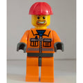 fig-001209 – Construction Worker, Orange Jacket with Zipper and Reflective Stripes, Orange Legs, Red Hard Hat, Goatee Beard