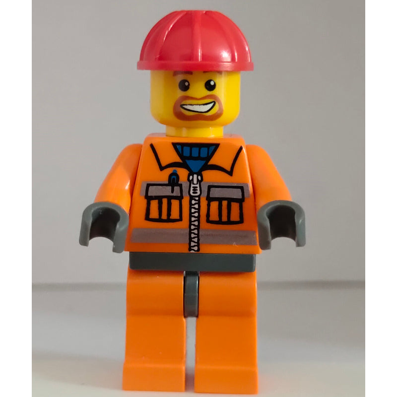 fig-001209 – Construction Worker, Orange Jacket with Zipper and Reflective Stripes, Orange Legs, Red Hard Hat, Goatee Beard