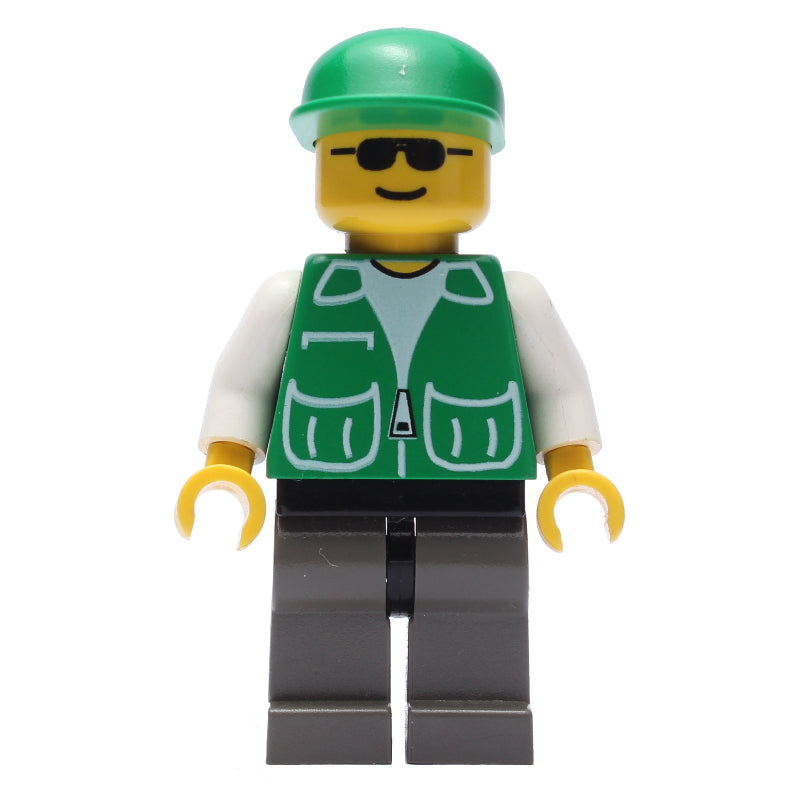 fig-001213 – Construction Worker, Green Jacket with Pockets, Green Cap, Sunglasses