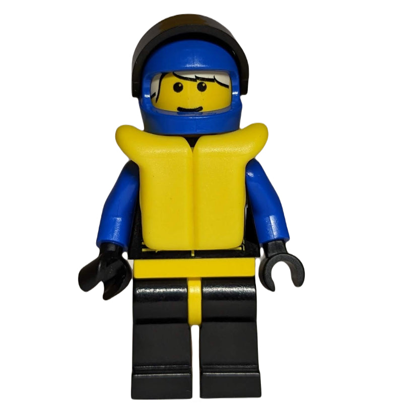 fig-001229 – Racer, Extreme Team, Black Jacket, Blue Helmet with Visor, Yellow Life Vest