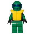 fig-001231 – Racer, Extreme Team, Black Jacket, Green Legs, Green Helmet with Visor, Yellow Life Vest, Blue Sunglasses