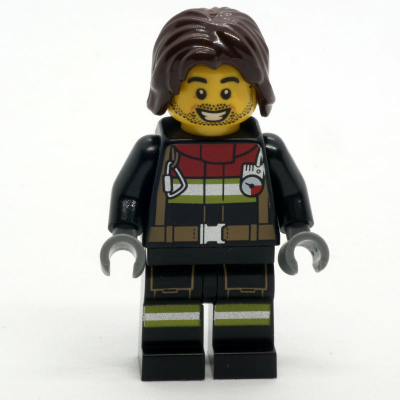 fig-001244 – Firefighter, Black Fire Suit, Dark Brown Hair, Stubble Beard