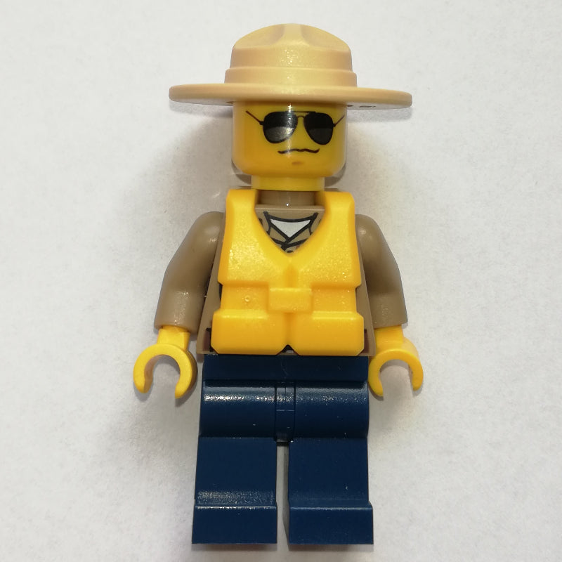 fig-001276 – Forest Police / Ranger, Dark Tan Shirt with Radio and Badge, Dark Blue Legs, Tan Campaign Hat, Yellow Life Vest, Sunglasses