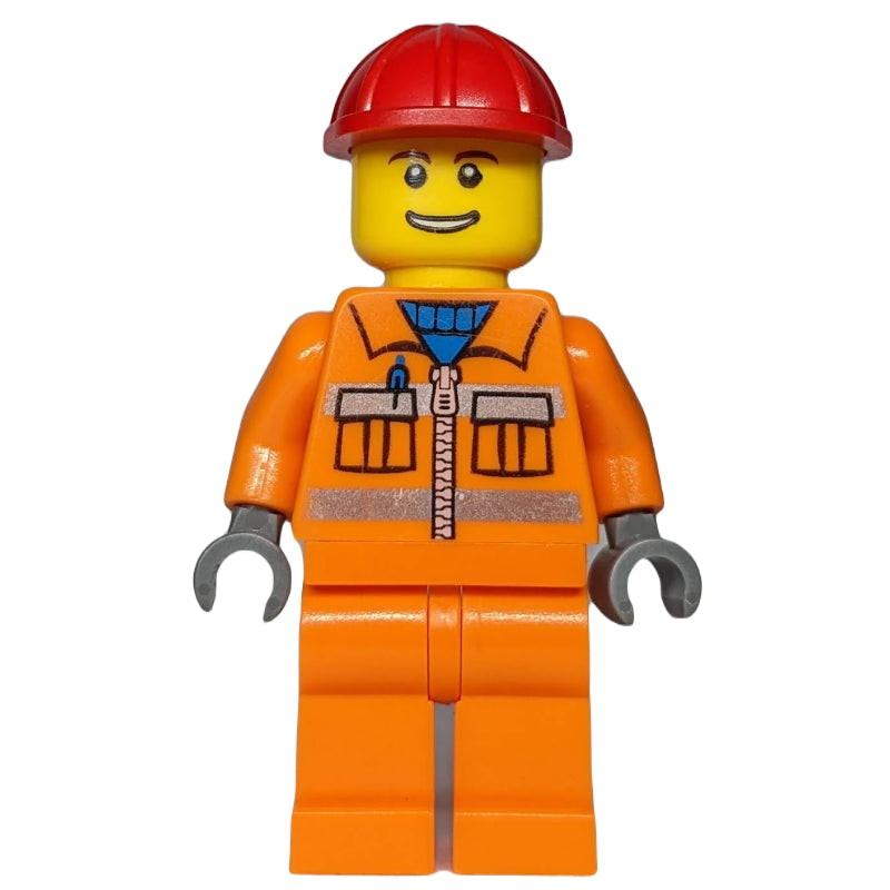 fig-001290 – Construction Worker, Orange Jacket with Zipper and Reflective Stripes, Red Hard Hat
