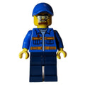fig-001292 – Worker, Blue Jacket with Orange Stripes, Dark Blue Legs, Blue Cap, Safety Glasses and Goatee Beard