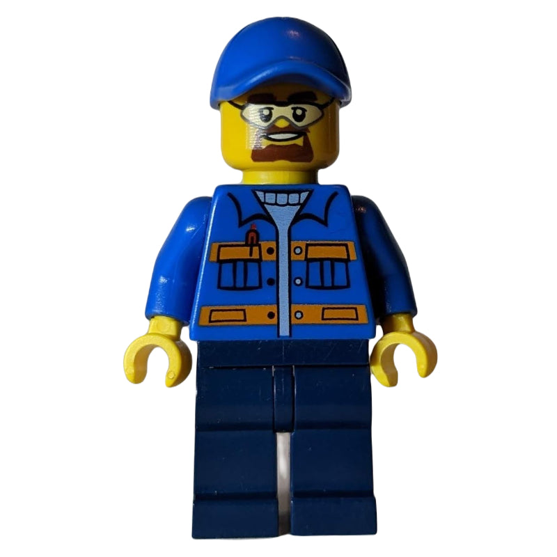 fig-001292 – Worker, Blue Jacket with Orange Stripes, Dark Blue Legs, Blue Cap, Safety Glasses and Goatee Beard