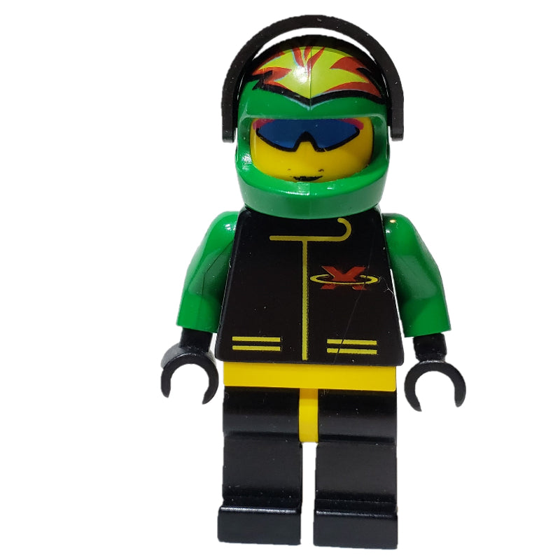 fig-001305 – Racer, Extreme Team, Black Jacket, Black Legs, Green Helmet with Visor, Blue Sunglasses
