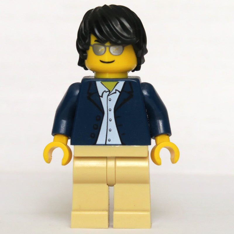 fig-001308 – Man, Open Dark Blue Jacket, Tan Legs, Black Hair, Silver Sunglasses