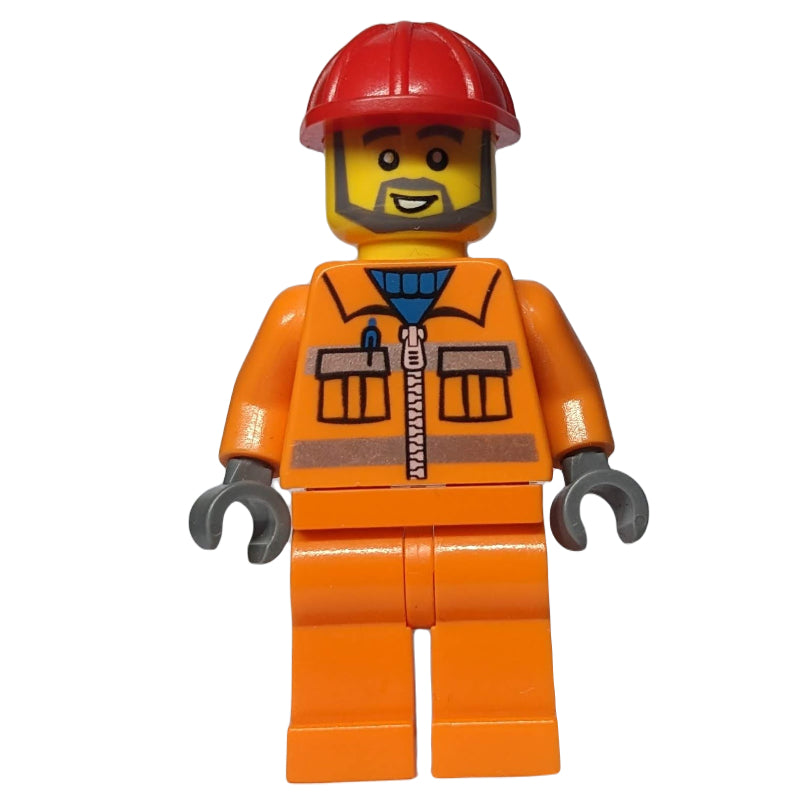fig-001312 – Construction Worker in Orange Jacket with Zipper and Reflective Stripes, Red Helmet, Gray Beard