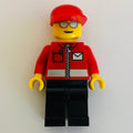 fig-001346 – Postal Worker, Red Jacket with Zipper and Letter Logo, Black Legs, Red Cap, Silver Sunglasses