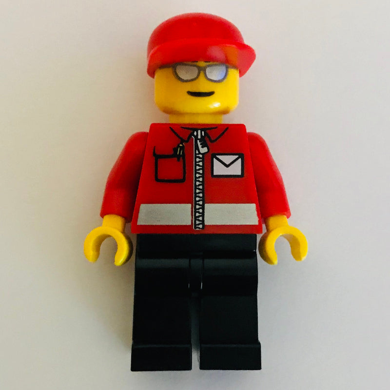 fig-001346 – Postal Worker, Red Jacket with Zipper and Letter Logo, Black Legs, Red Cap, Silver Sunglasses