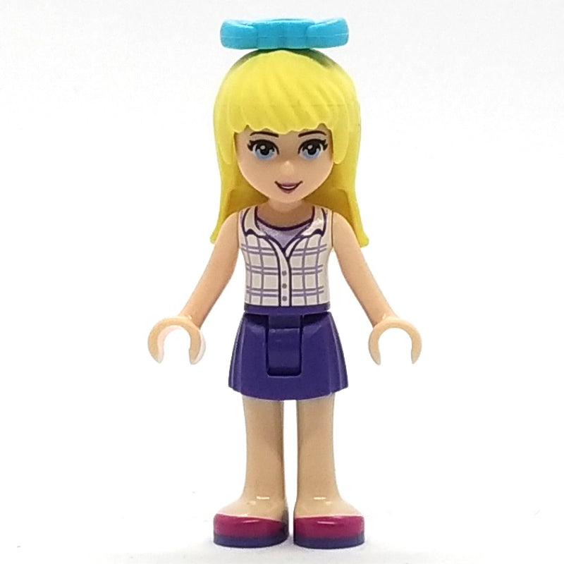 fig-001362 – Stephanie - White Plaid Top, Dark Purple Skirt, Medium Azure Bow in Hair
