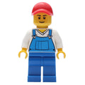 fig-001368 – Man, Blue Overalls over White V-Neck Shirt, Red Cap