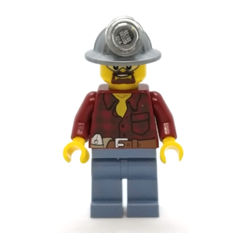fig-001386 – Miner, Dark Red Flannel Shirt, Mining Hat, Goatee Beard and Goggles