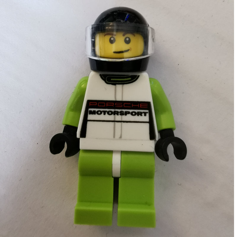 fig-001390 – Race Driver, White Torso, Lime Legs, Black Helmet, Porsche