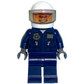 fig-001403 – Policeman, Dark Blue Jacket with Pockets and Badge, Plain Dark Blue Legs, White Helmet with Visor, Orange Sunglasses