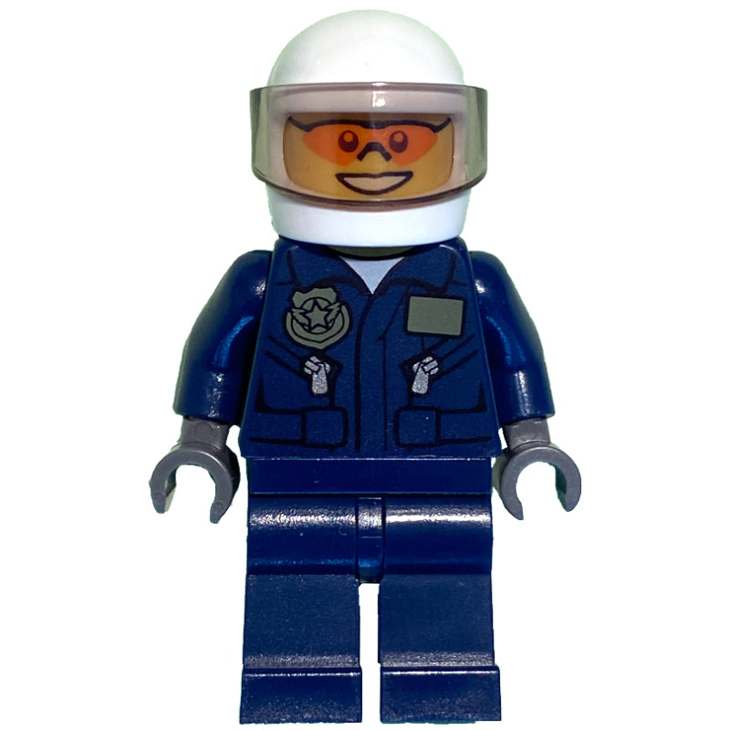 fig-001403 – Policeman, Dark Blue Jacket with Pockets and Badge, Plain Dark Blue Legs, White Helmet with Visor, Orange Sunglasses