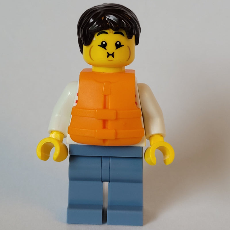fig-001409 – Man, White and Red Striped Shirt, Sand Blue Legs, Orange Life Vest, Dark Brown Hair
