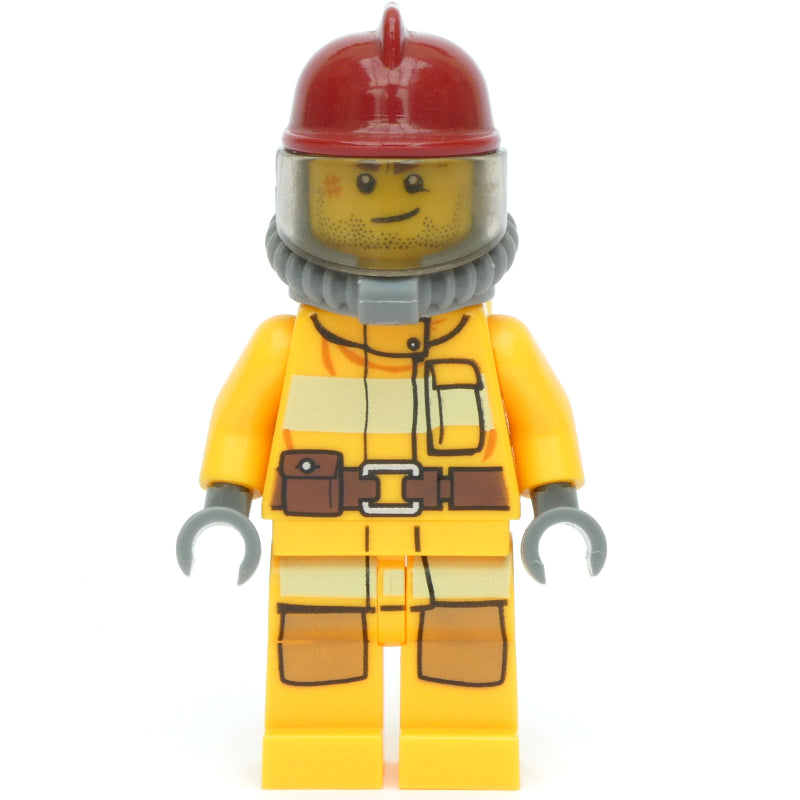 fig-001440 – Fireman, Bright Light Orange Fire Suit, Dark Red Helmet, Breathing Apparatus, Airtanks, Stubble and Scar