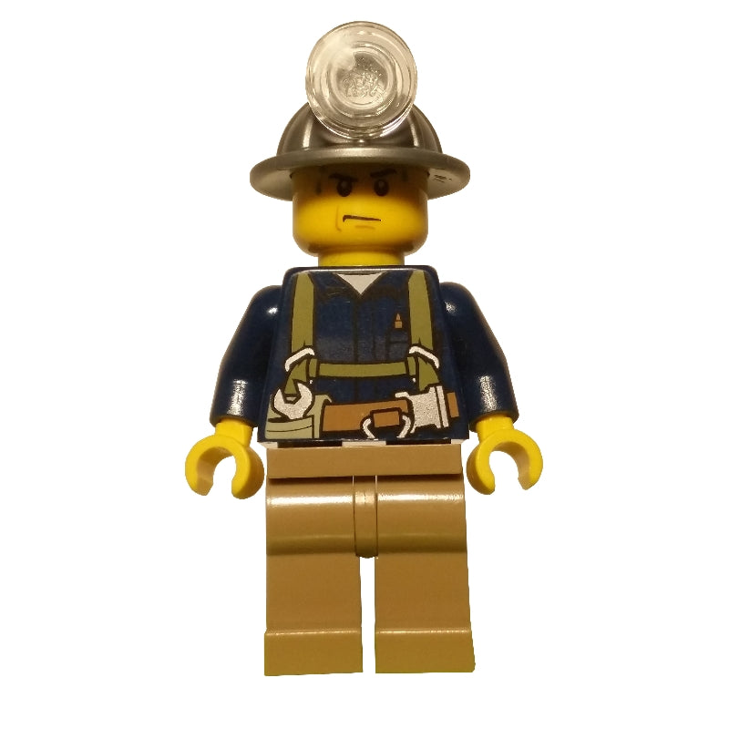 fig-001486 – Miner, Dark Blue Shirt with Harness, Mining Hat, Sweat Drops
