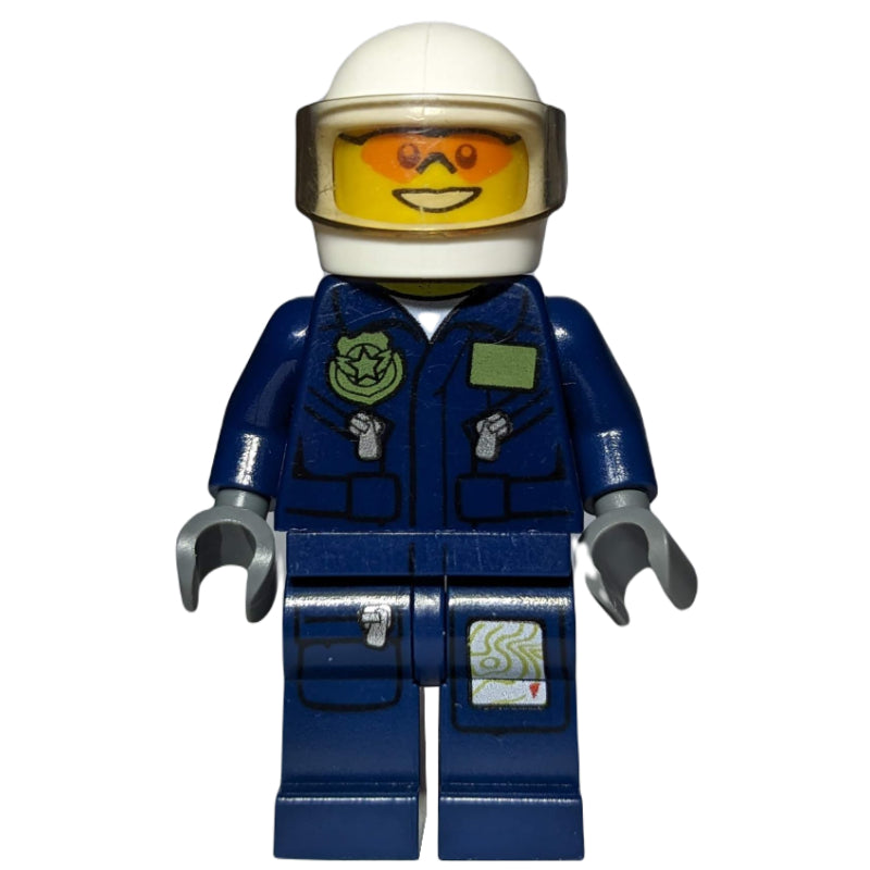 fig-001492 – Policeman, Dark Blue Jacket with Pockets and Badge, White Helmet with Visor, Orange Sunglasses