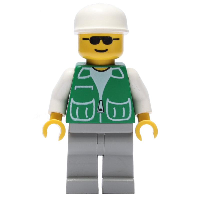 fig-001498 – Man, Green Jacket, Light Gray Legs, White Cap, Sunglasses