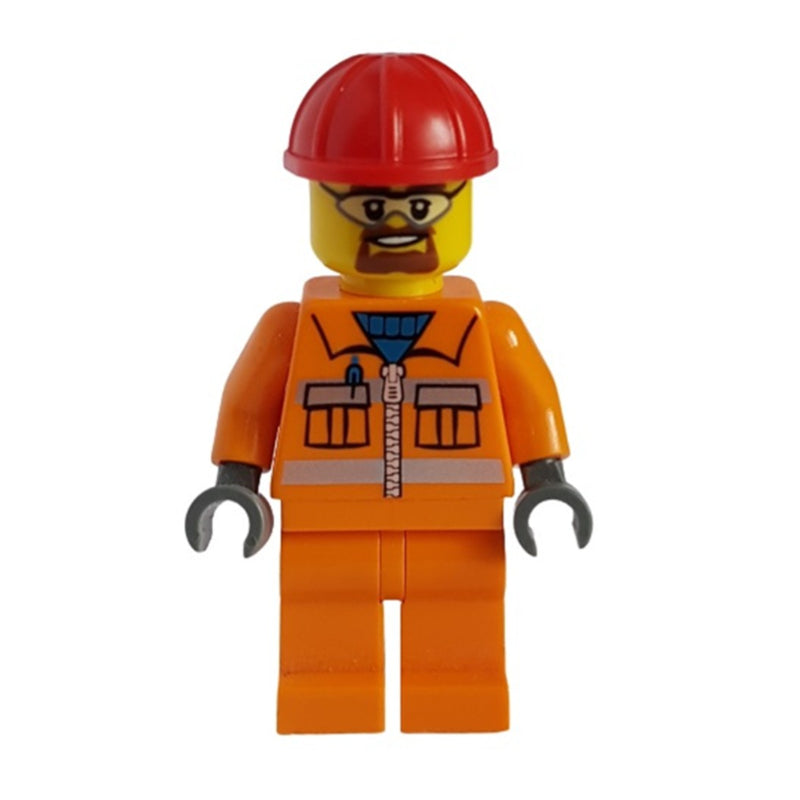 fig-001499 – Construction Worker, Orange Jacket with Zipper and Reflective Stripes, Orange Legs, Red Hard Hat, Goatee Beard and Goggles